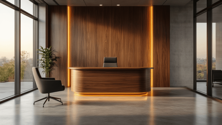 Sophisticated walnut reception desk with warm LED lighting in a modern office entryway, featuring polished concrete floors, floor-to-ceiling windows, and an ergonomic charcoal chair, all captured in golden hour illumination.