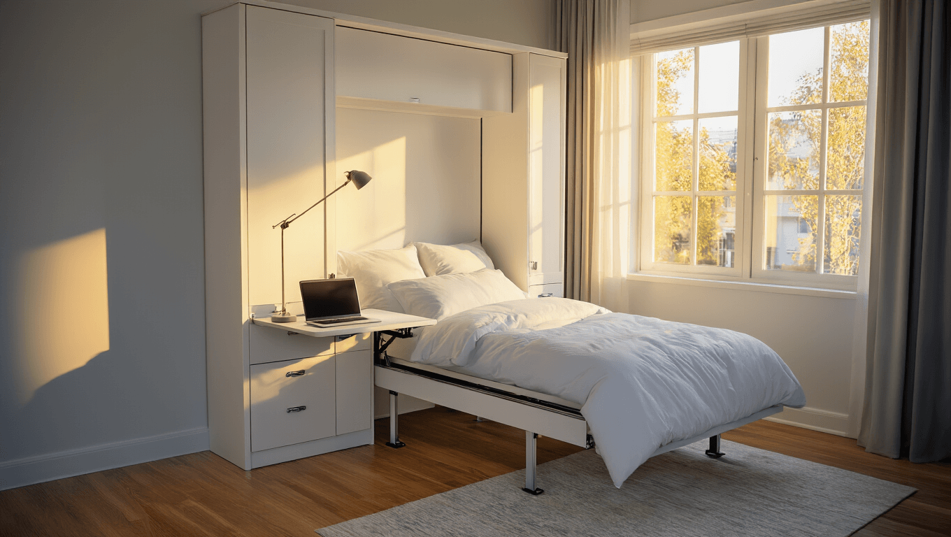 A modern Murphy bed desk in mid-transformation illuminated by warm golden hour light, showcasing white cabinetry, a sleek wall-mounted desk with a laptop, and crisp white bedding, all set against polished hardwood floors and a neutral color palette with blue accents.