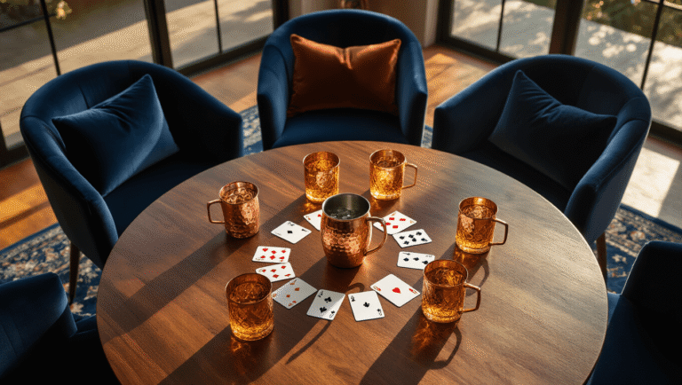 Overhead view of a modern dining table with scattered playing cards, a copper moscow mule mug, amber whiskey glasses, and deep navy velvet chairs, illuminated by warm golden hour light and soft pendant lighting, set against a midnight blue Persian rug.