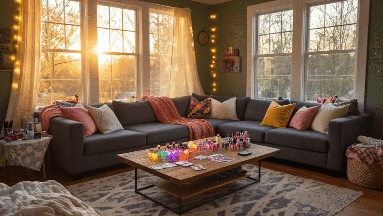 Wide shot of a cozy living room transformed for a sleepover, featuring a gray sectional sofa with colorful pillows, a reclaimed wood coffee table adorned with glow sticks and game cards, and a blanket fort made of cream and dusty rose sheets, all lit by warm amber sunlight and string lights.