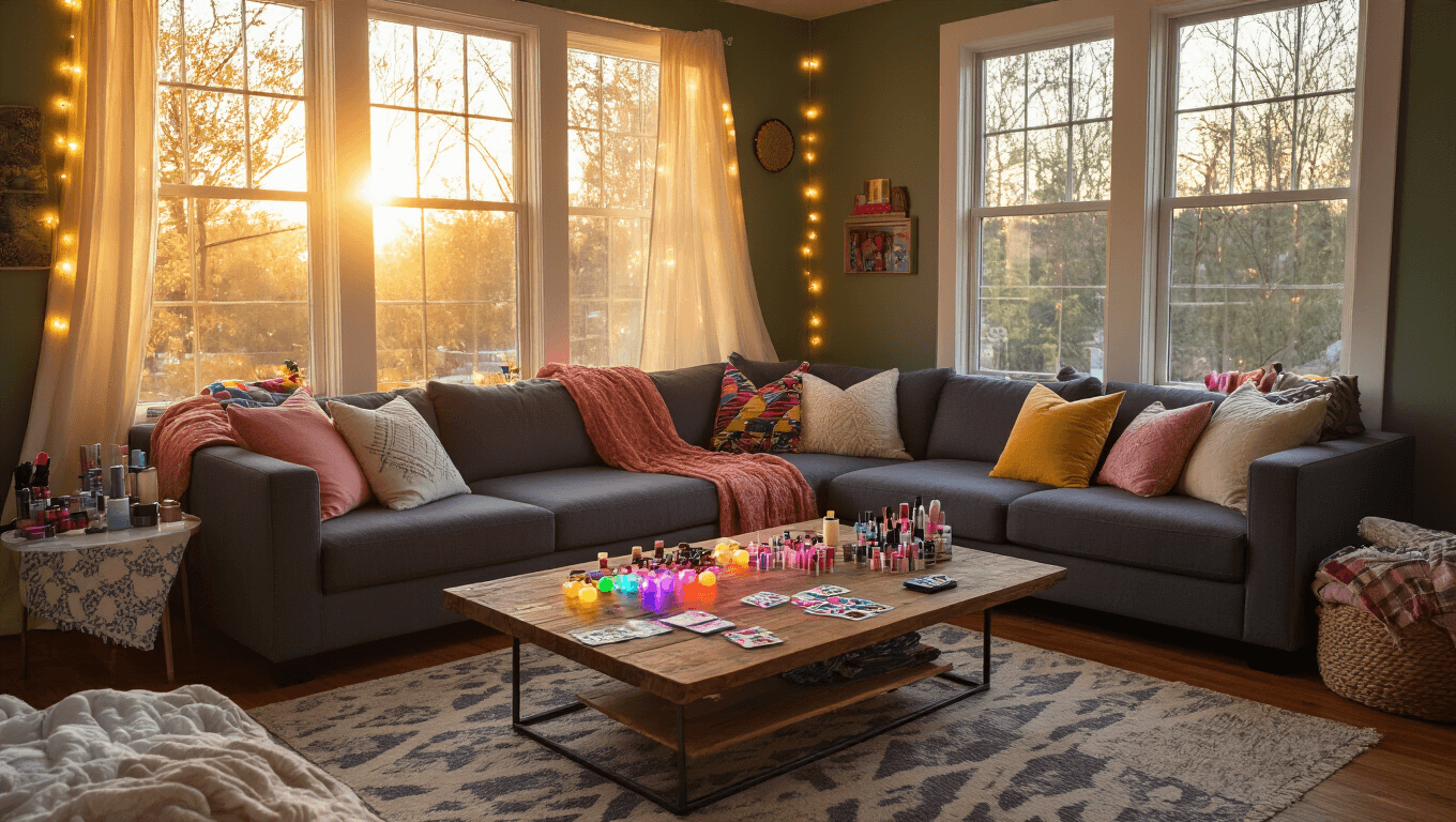 Wide shot of a cozy living room transformed for a sleepover, featuring a gray sectional sofa with colorful pillows, a reclaimed wood coffee table adorned with glow sticks and game cards, and a blanket fort made of cream and dusty rose sheets, all lit by warm amber sunlight and string lights.