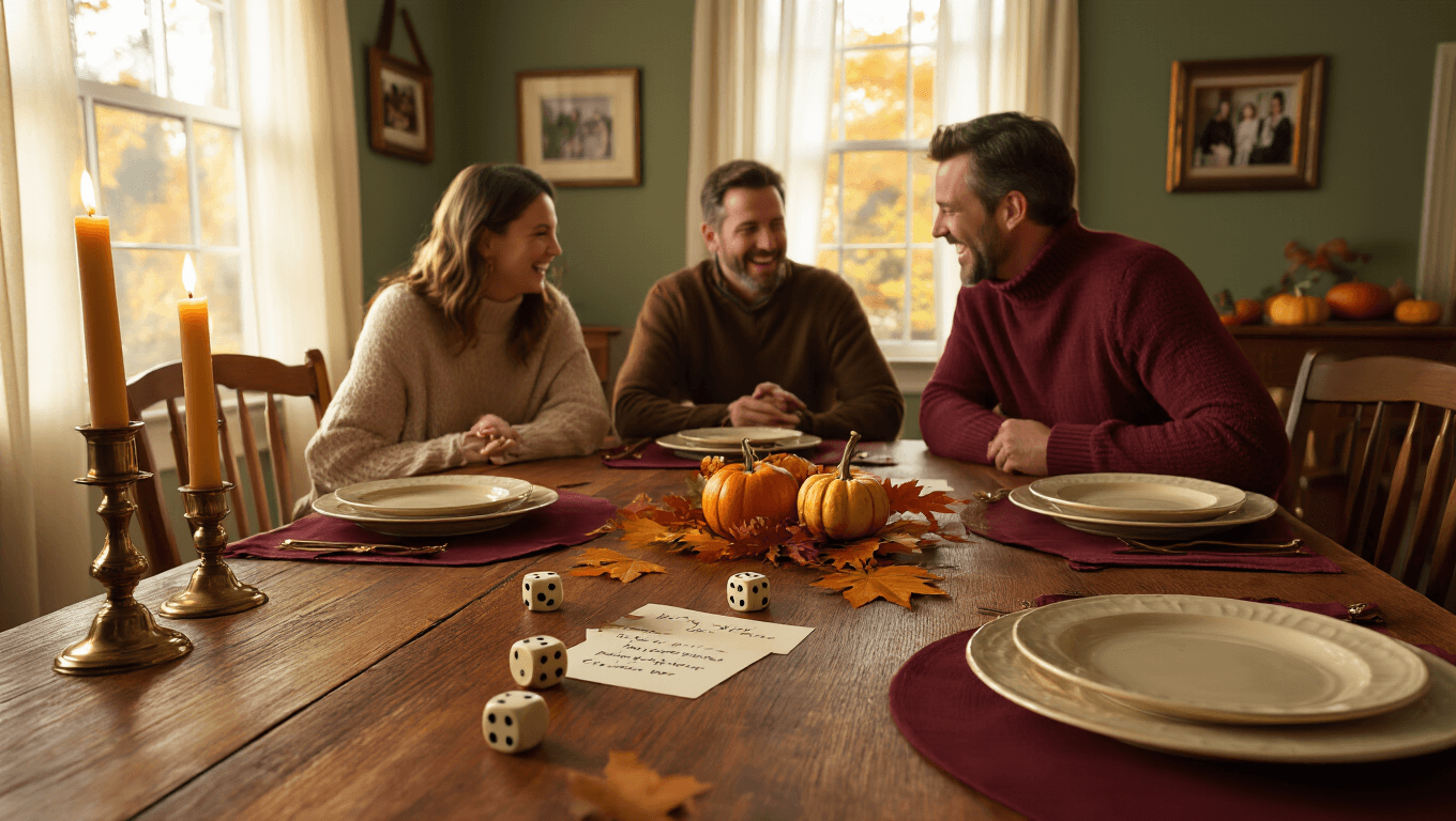 A cozy, photorealistic dining room scene featuring a rustic oak table set with burgundy placemats and cream ceramic plates. Soft light from brass candlesticks highlights playful colorful dice and handwritten gratitude cards. Adults in sweaters share laughter amidst an autumn centerpiece of mini pumpkins and maple leaves, with golden hour sunlight filtering through sheer curtains against sage green walls adorned with family photos.