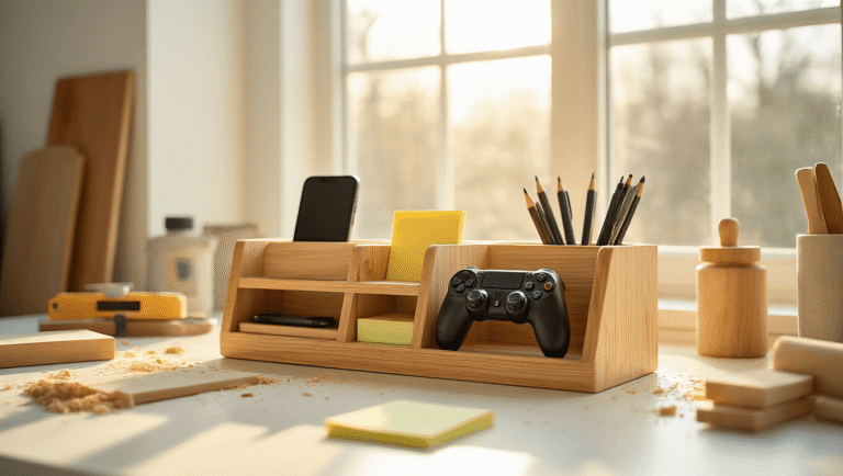 A modern wooden desk organizer made from warm pine, displaying an iPhone, pens, a gaming controller, and sticky notes, set on a clean white workspace illuminated by golden hour lighting, with scattered woodworking tools and materials in a soft-focus background.
