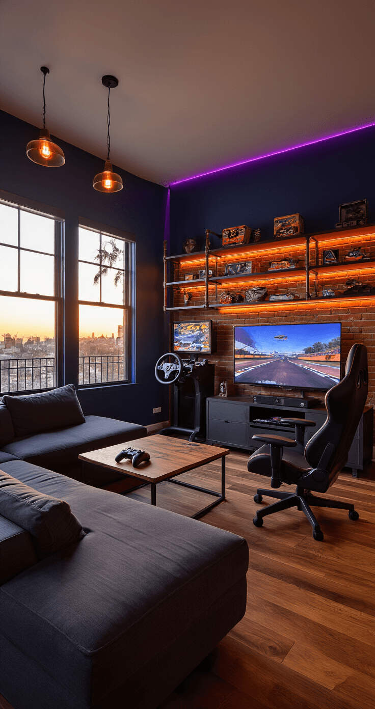 Modern gaming den with warm amber light, featuring a charcoal sectional sofa facing a 65-inch OLED display, racing wheel setup, and vintage arcade collectibles on industrial shelves, against a textured brick and deep navy blue walls.