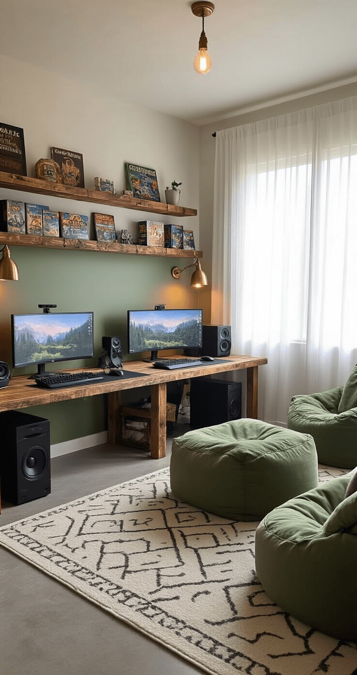 Cozy home office transformed into a multiplayer gaming space featuring dual monitors, organized gaming peripherals on a reclaimed wood desk, surrounded by bean bag chairs, with natural light filtering through sheer curtains and a sage green accent wall.
