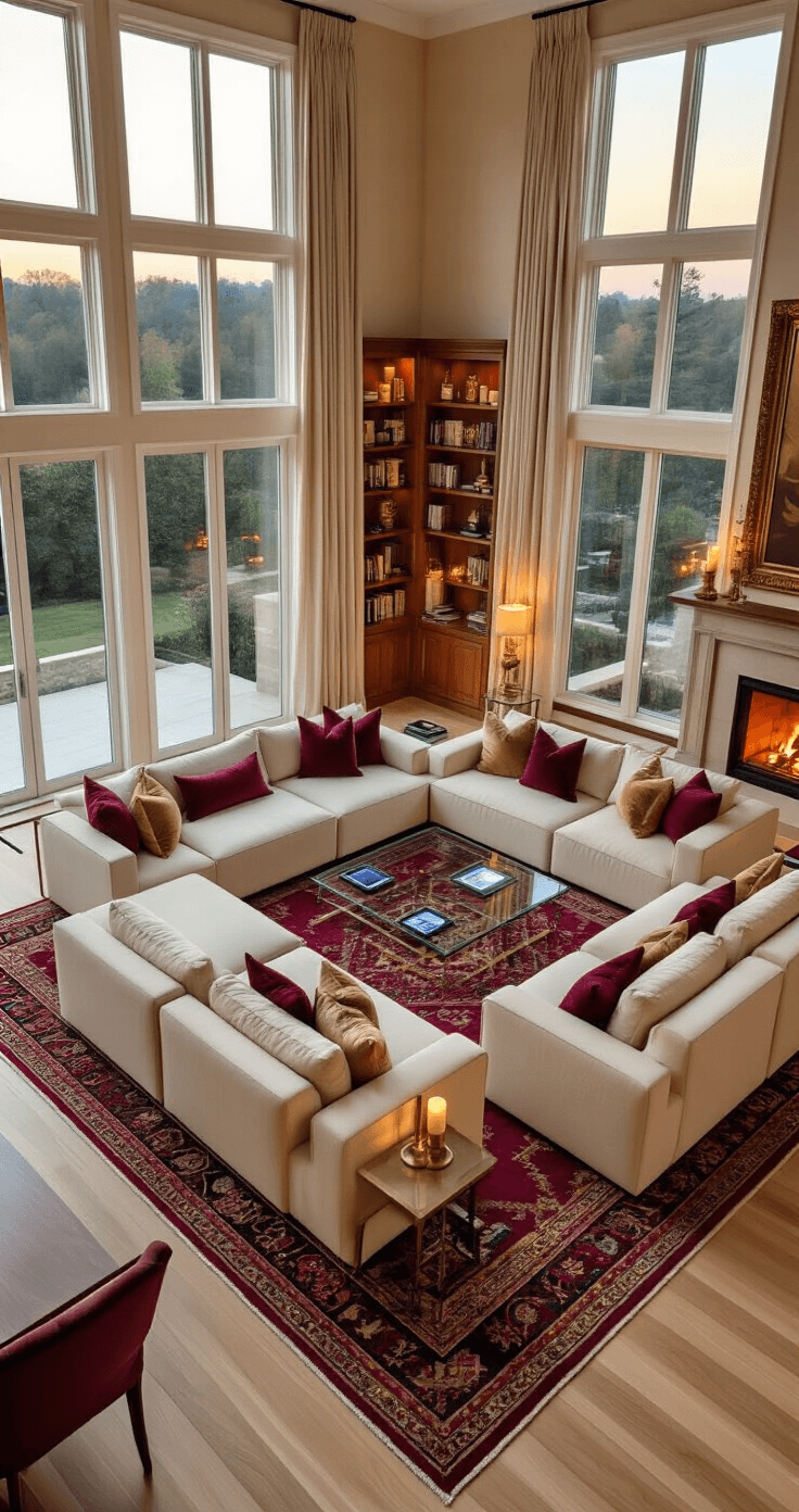 Elegant living room set for a social gaming evening, featuring cream modular seating around a glass coffee table, illuminated by warm golden hour light filtering through large windows.