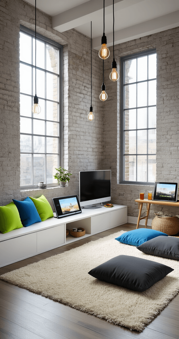 A minimalist apartment living space designed for party gaming, featuring large industrial windows, a sleek white entertainment console, and low Japanese-style floor seating with charcoal cushions on a cream shag rug. Exposed brick walls painted soft gray are illuminated by Edison bulb pendant lights, while various colorful throw blankets add pops of color. Several tablets are set up on adjustable stands for group drawing games, creating a spacious and inviting atmosphere for social interaction.
