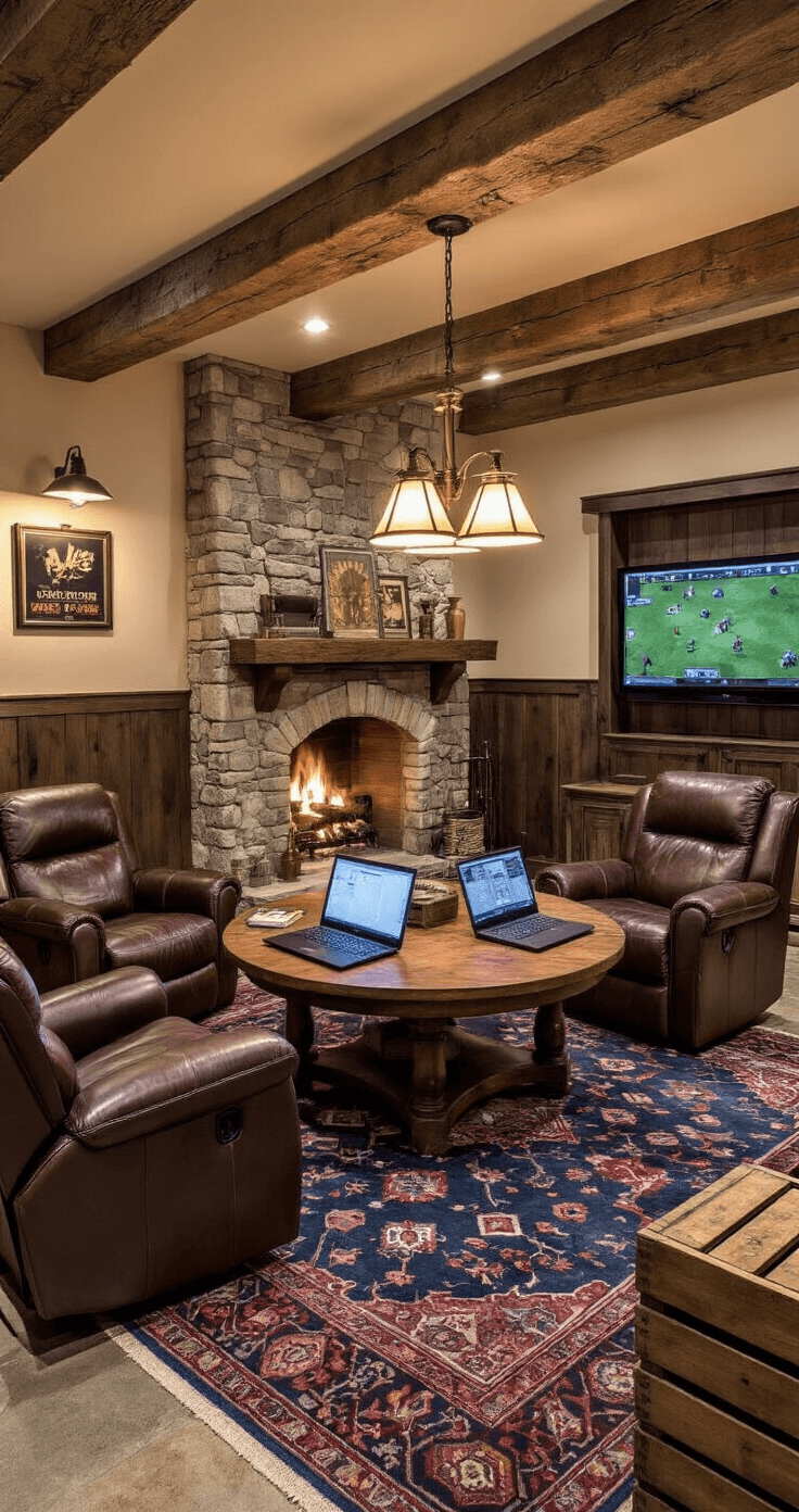 A cozy rustic game room basement featuring exposed wooden beams, warm pendant lighting, distressed leather recliners around a large wooden table with laptops for multiplayer gaming, a stone fireplace with an active fire, a Persian rug on stained concrete floors, dark wood paneling, cream-walled accents, vintage gaming posters, brass floor lamps, and wooden crates for storage, all captured from a corner angle showing an intimate atmosphere.