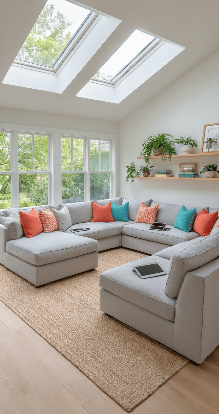 Bright family room designed for casual gaming, featuring a soft gray sectional sofa, colorful throw pillows, and natural light from skylights. Bamboo flooring and neutral area rug create a cozy space, while wall-mounted shelves display plants. Large windows offer garden views, with a color scheme of whites, grays, and wood tones, accented by coral and turquoise accessories. High-angle shot captures the airy atmosphere and accessible layout.