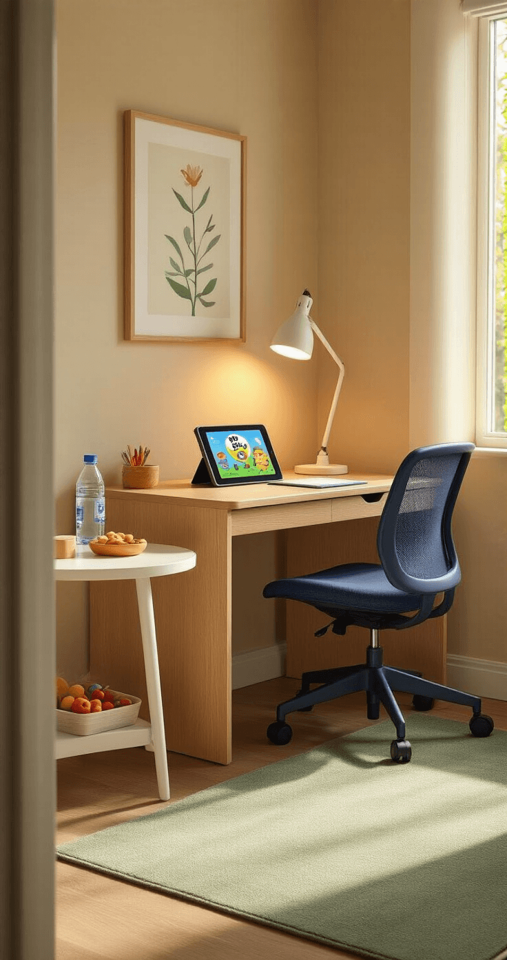 Photorealistic interior of a cozy children's learning corner with a wooden desk, ergonomic blue chair, healthy snacks, and a tablet displaying an educational game, all bathed in warm afternoon sunlight.