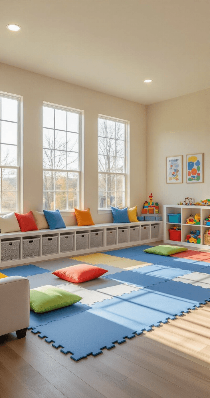 A photorealistic interior of a bright, safety-focused play zone with cream-colored walls, large windows, and interlocking foam floor tiles in soft gray and blue, featuring secured electrical cords, safety guards on furniture corners, and colorful throw pillows for comfort, all captured from a child's eye level.