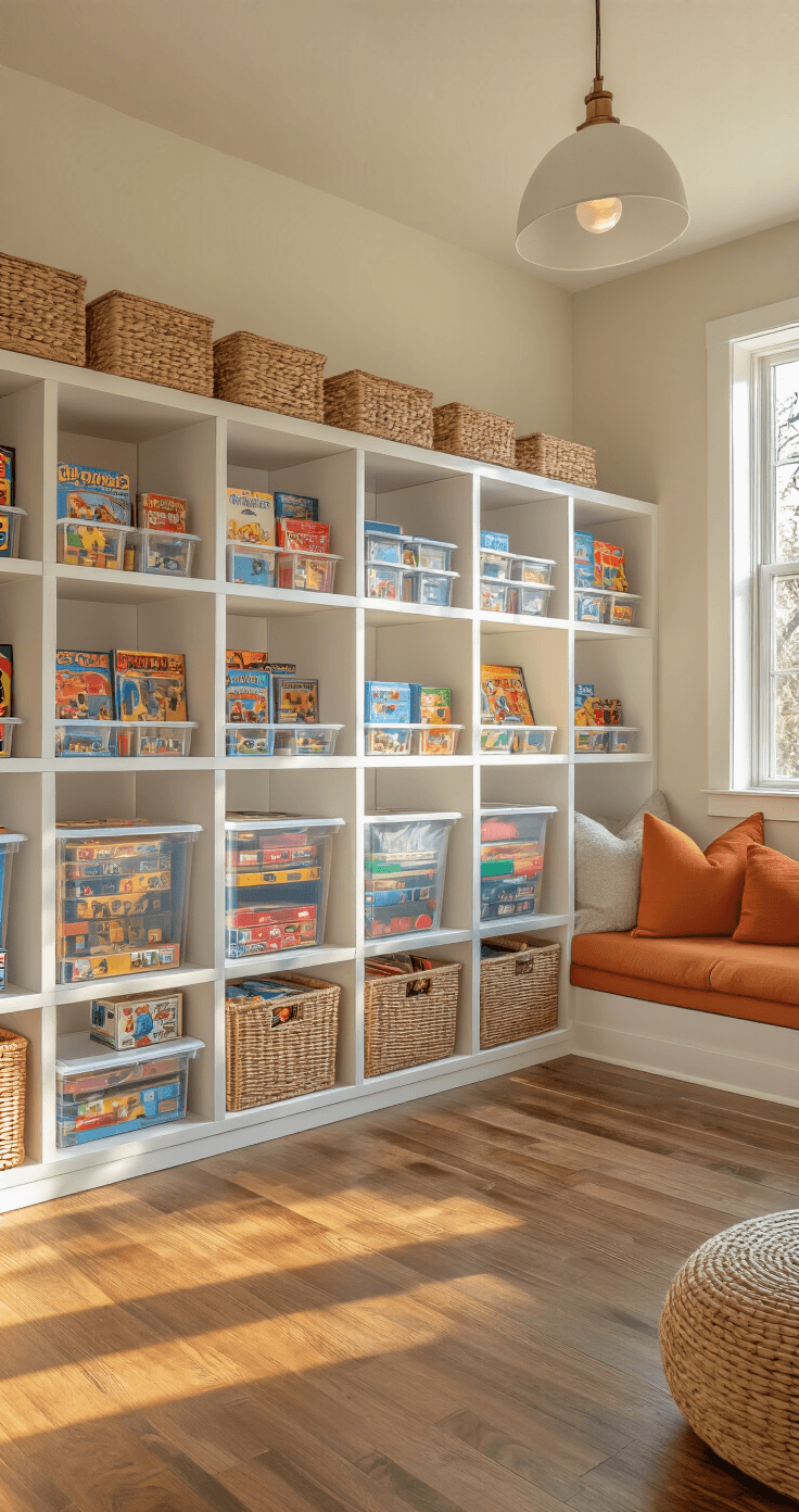 Photorealistic interior of a cozy board game command center during golden hour, featuring organized white cube storage with colorful labels, clear bins displaying games, and a reading nook with warm cushions, all accentuated by soft pendant lighting and rich hardwood floors.