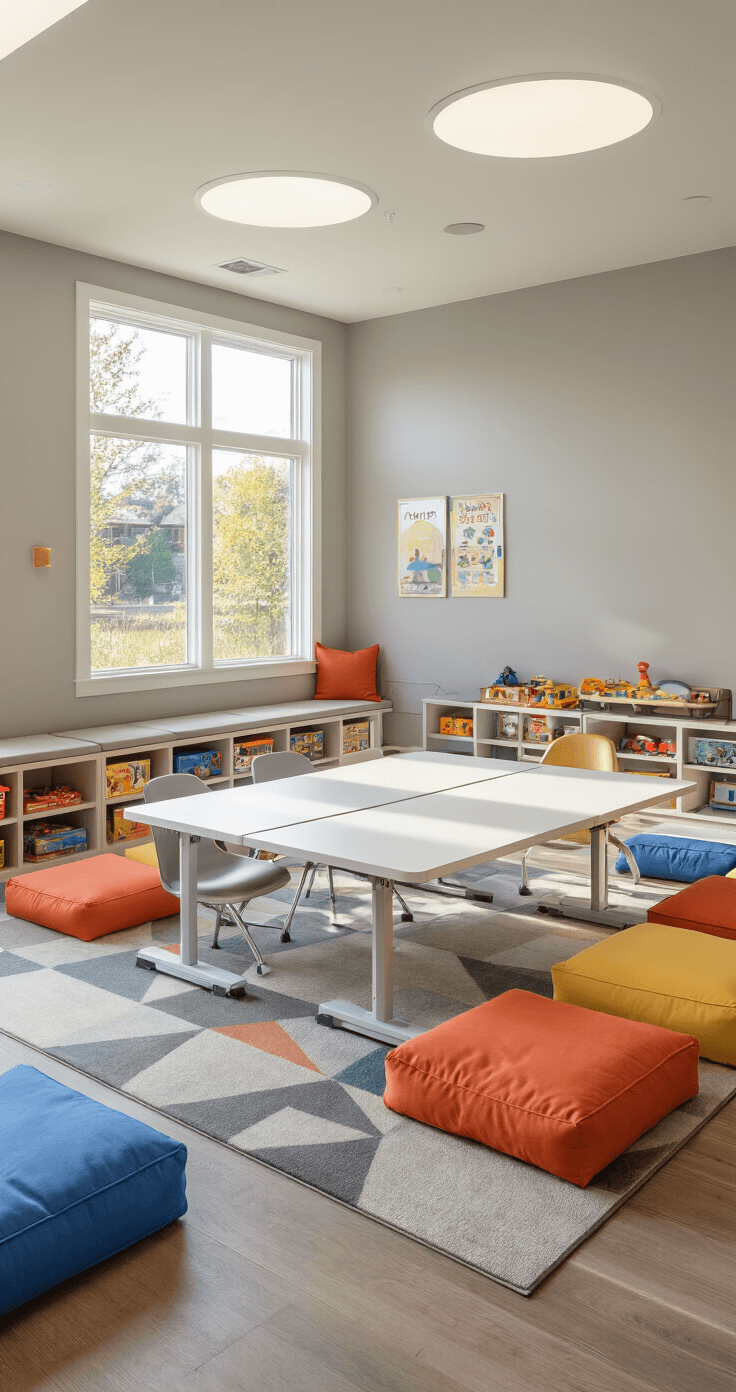 Photorealistic image of a flexible multi-age gaming space featuring an open-concept family room with a white adjustable-height table, various seating options including adult chairs and colorful floor cushions, neutral gray walls with safety features, tall anchored storage for games, a geometric patterned washable area rug, and a mix of natural light and adjustable LED fixtures, all highlighting adaptability and safety.