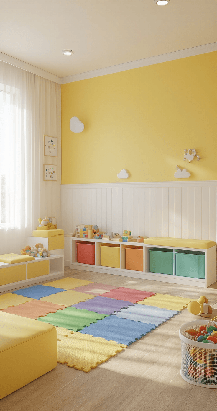 Photorealistic image of a toddler gaming area featuring soft morning light, a sunshine yellow accent wall, and safe, rounded furniture with soft surfaces. The playroom has low primary color storage cubbies, secured electrical outlets, and rainbow-colored foam mats. Large mesh toy bins hold age-appropriate items, while sheer curtains filter natural light alongside soft LED panels, creating a nurturing environment. The perspective is from a low angle, reflecting a toddler's view.