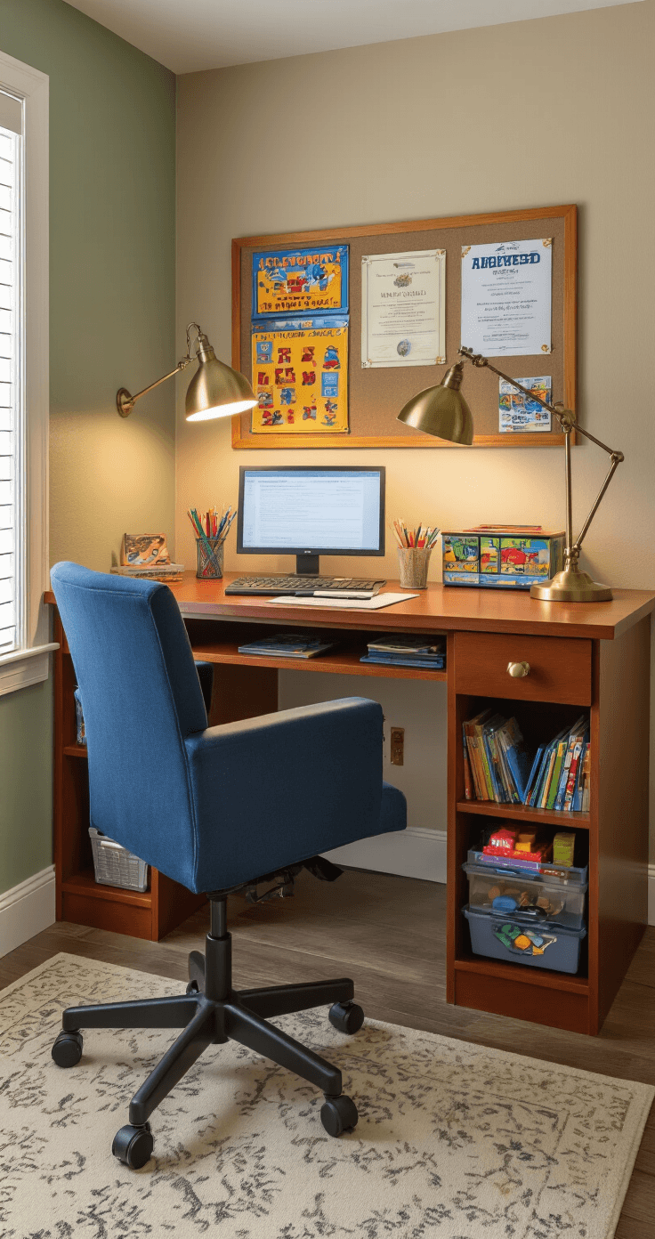 Photorealistic interior of a cozy homework and gaming corner with a cherry wood desk, ergonomic blue chair, bulletin board of achievements, brass desk lamp, organized shelves of board games and educational materials, art supplies, and a calming sage green accent wall, all bathed in warm evening light.