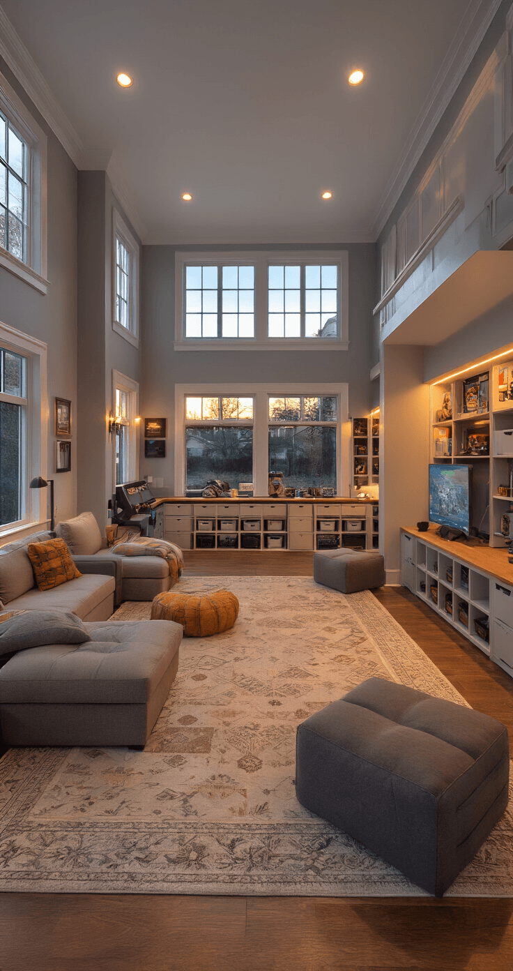Photorealistic interior of a spacious family gaming paradise, featuring distinct areas for digital gaming and active play, organized game storage, comfortable seating, warm gray walls with white trim, rich hardwood floors, ample natural light complemented by layered artificial lighting, and seamlessly integrated safety features, all creating an inviting atmosphere.