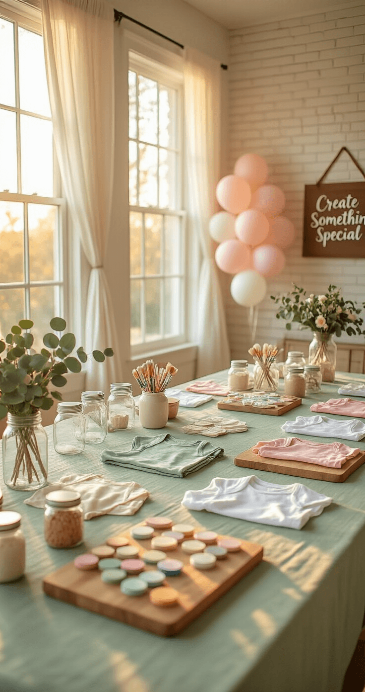 A cozy living room transformed for a baby shower game station, featuring a rustic farmhouse table adorned with sage green linen, white baby onesies, fabric markers in mason jars, and iron-on decals, all illuminated by warm golden hour sunlight streaming through sheer curtains, while guests creatively design onesies amidst a backdrop of balloons and eucalyptus garlands.