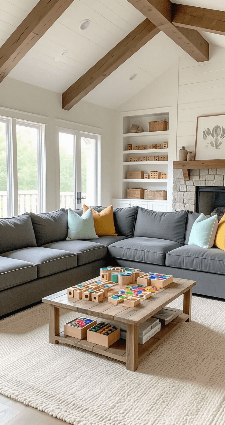 Overhead shot of a spacious family room with vaulted ceilings, featuring a charcoal gray sectional sofa around a reclaimed wood coffee table with baby blocks and art supplies, complemented by a cream area rug and colorful decorative pillows. Light gray walls with white wainscoting and a stone fireplace adorned with 'LOVE' block letters complete the inspiring, organized atmosphere.