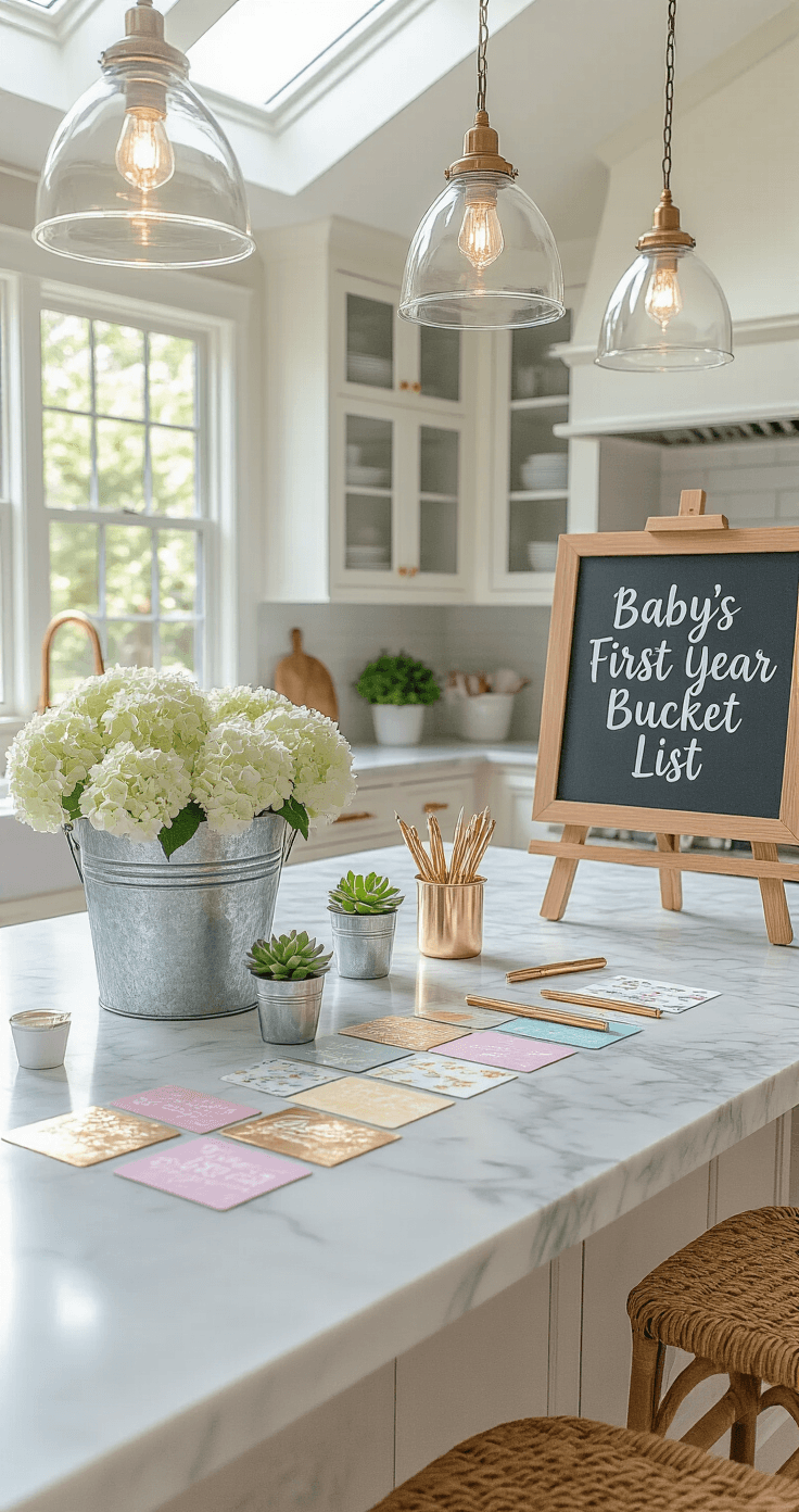 Low-angle shot of a bright kitchen island transformed into a game station, featuring a marble top, pastel cards, gold pens, and succulents, with soft white cabinetry and brass hardware. A chalkboard easel displays 'Baby's First Year Bucket List' amid white hydrangeas and rose gold confetti. Hardwood floors and a vintage runner lead to French doors opening to a garden.