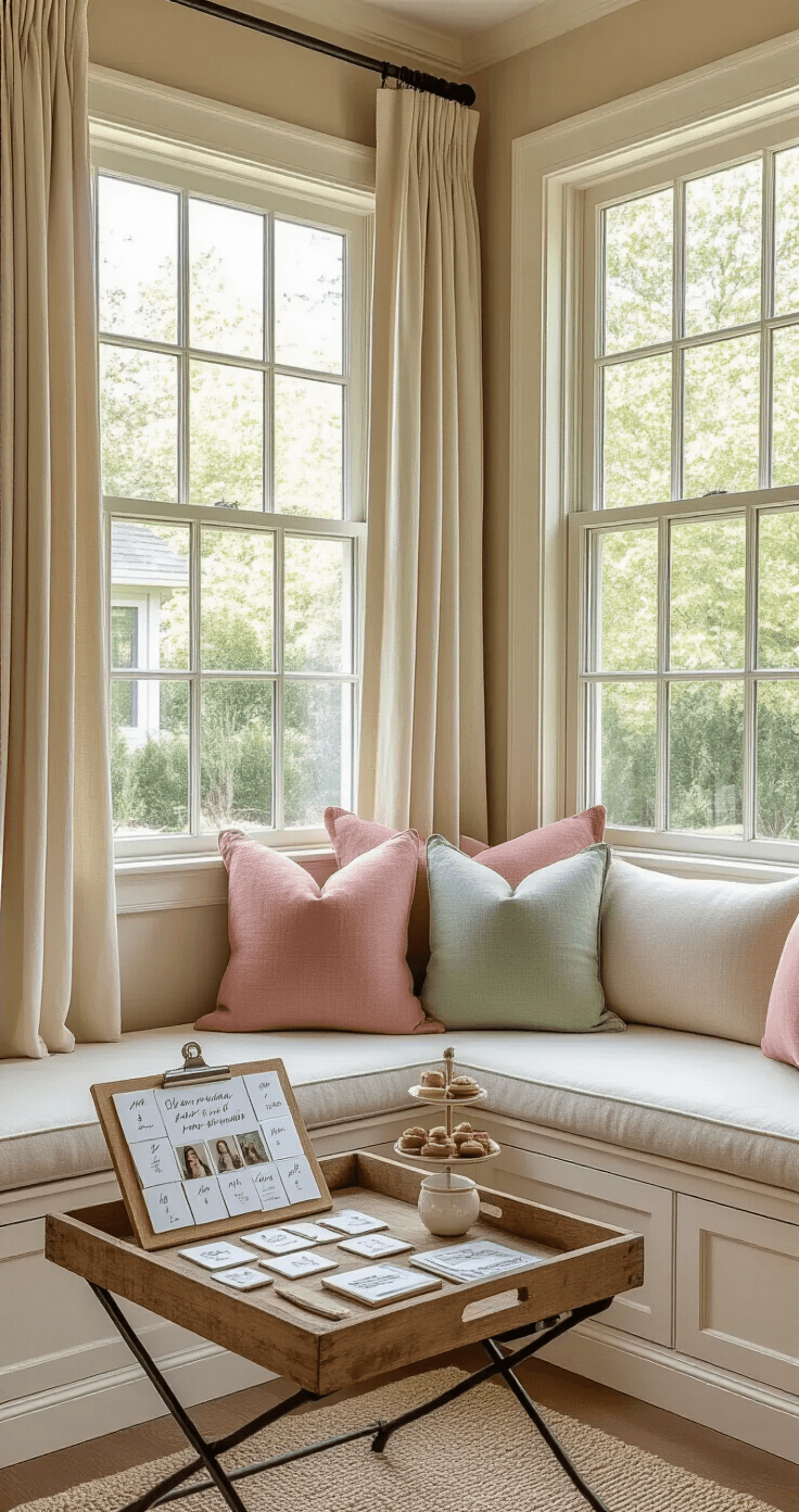 Cozy den with a window seat, featuring a cushioned bench adorned with dusty rose and sage pillows. A vintage tray displays baby photos, calligraphy number cards, and pens. Sheer curtains frame garden views, warm beige walls complement white trim, and a side table offers refreshments. Persian rugs layer over oak flooring, with soft window light creating an intimate atmosphere.