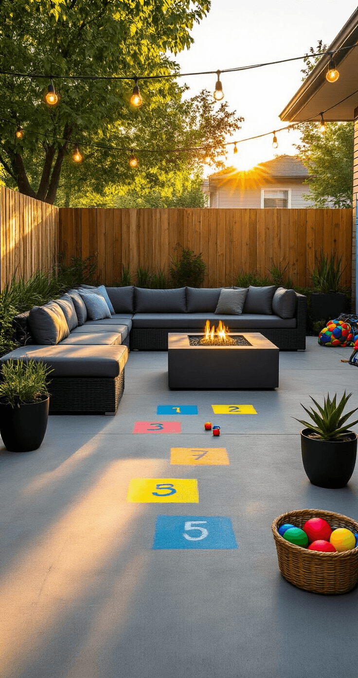 Wide-angle shot of a modern backyard patio at golden hour, featuring a contemporary sectional with charcoal gray cushions, a sleek fire table, colorful sidewalk chalk art, hopscotch squares in bright colors, potted succulents, and string lights overhead, all casting long shadows on textured concrete.