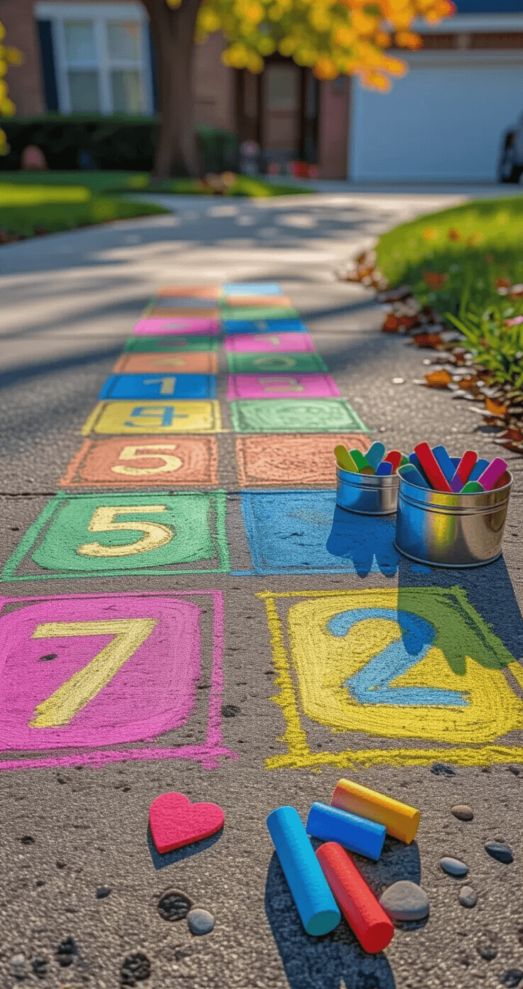 Close-up macro shot of textured driveway concrete featuring a vibrant rainbow hopscotch course with numbered squares, a Four Square court, scattered sidewalk chalk in metallic containers, and nature scavenger hunt items arranged in colored circles, with a modern suburban home softly blurred in the background.