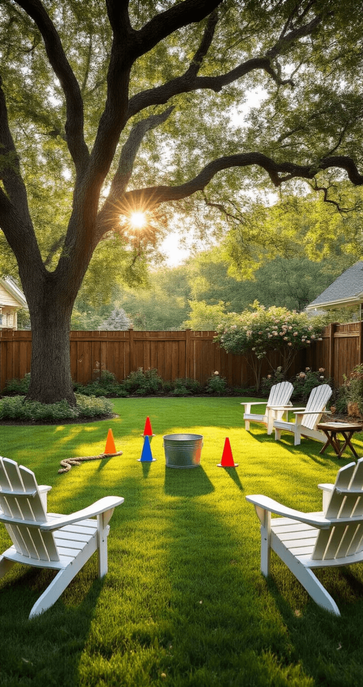 Medium shot of a spacious backyard lawn at golden hour, featuring playful game equipment like traffic cones and a vintage bucket, surrounded by a wooden privacy fence adorned with climbing roses. Adirondack chairs with lemonade jars create a warm, inviting atmosphere.