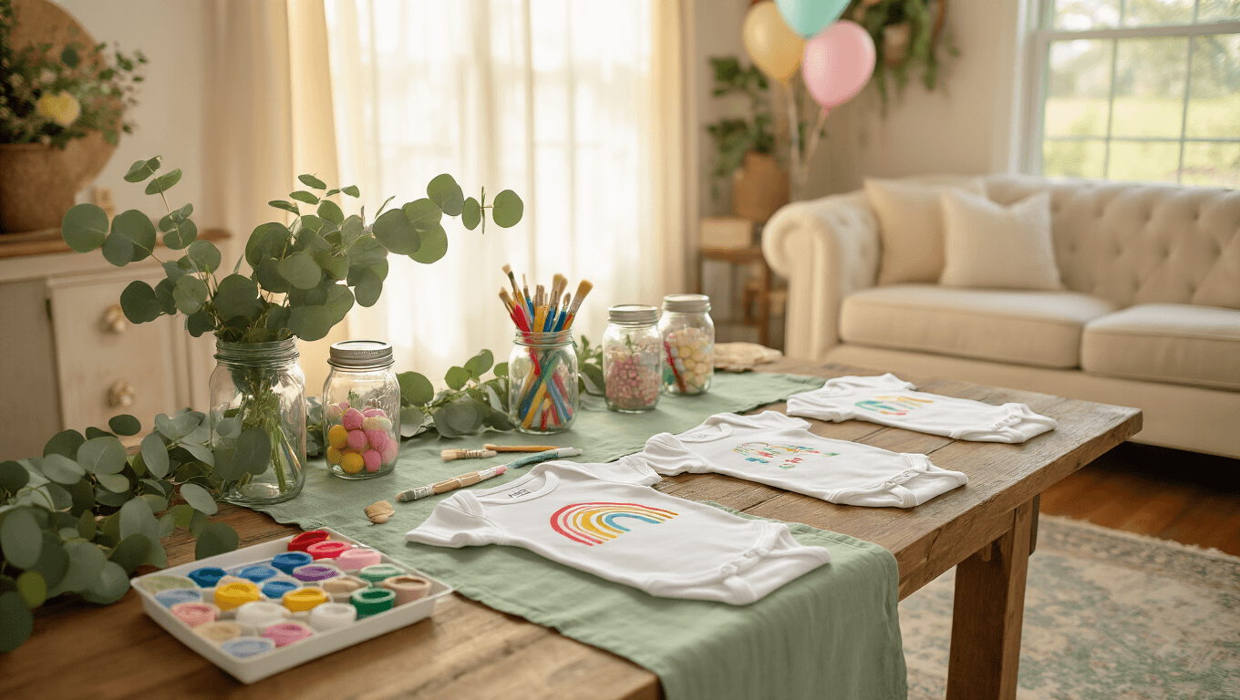 Cozy baby shower game station featuring a rustic farmhouse table with decorated onesies, colorful fabric markers, and soft natural lighting, creating an inviting and creative atmosphere.