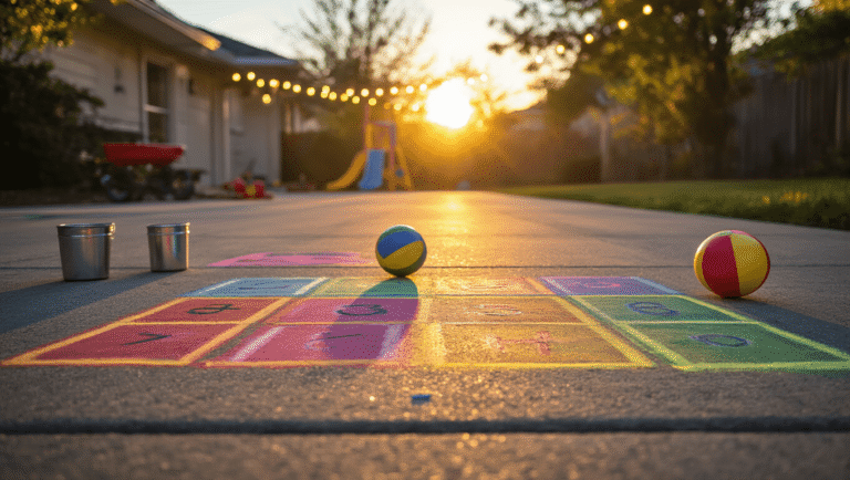 A sunlit suburban driveway during golden hour, showcasing vibrant chalk hopscotch and Four Square courts, with scattered chalk containers and a children's playground ball, all under warm amber lighting and inviting string lights.