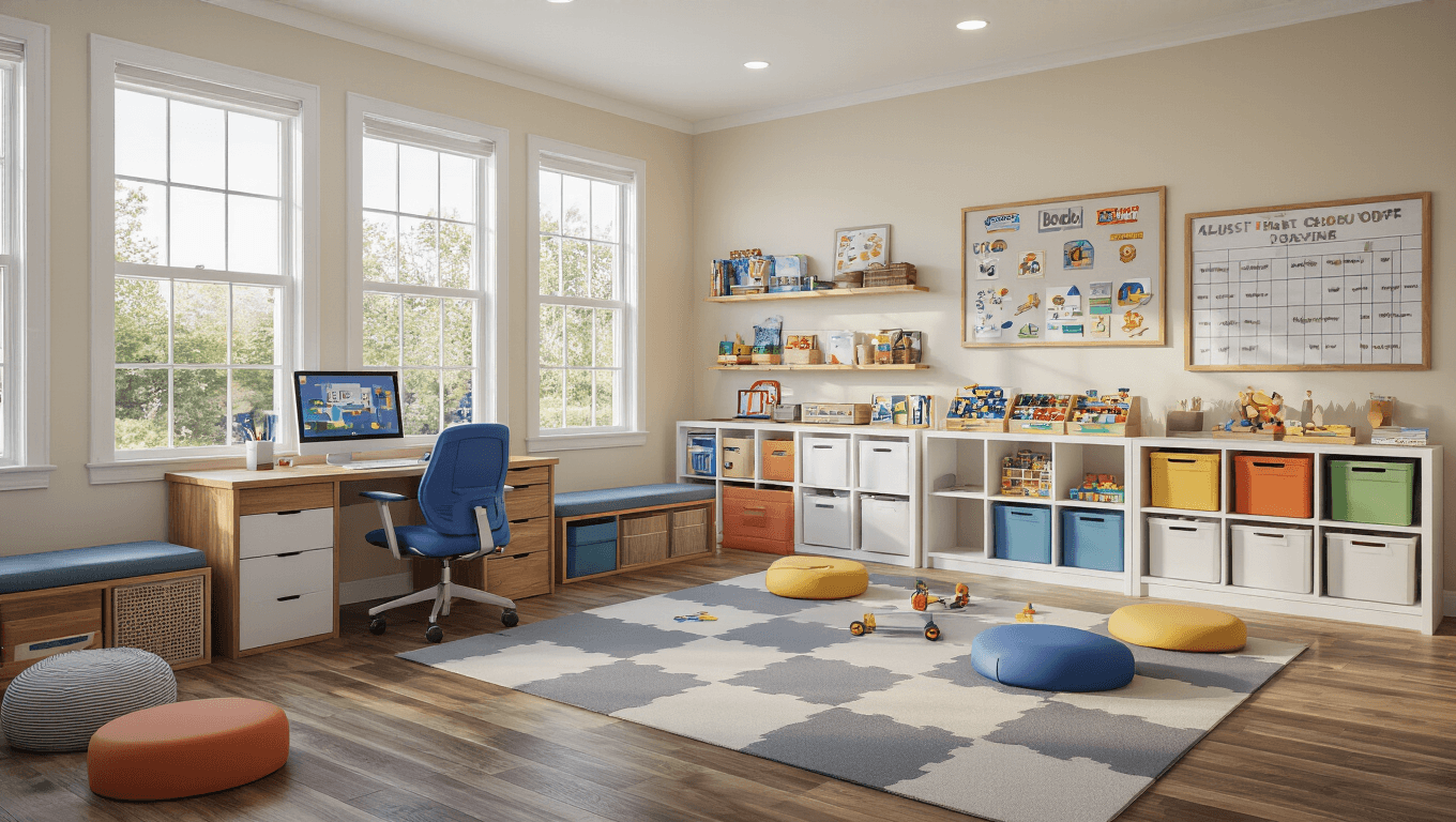 Photorealistic interior of a spacious kid-friendly gaming paradise with distinct zones: a cozy digital learning corner, an active play area, and a board game command center, bathed in warm natural light and featuring safe, organized, and inviting furnishings.