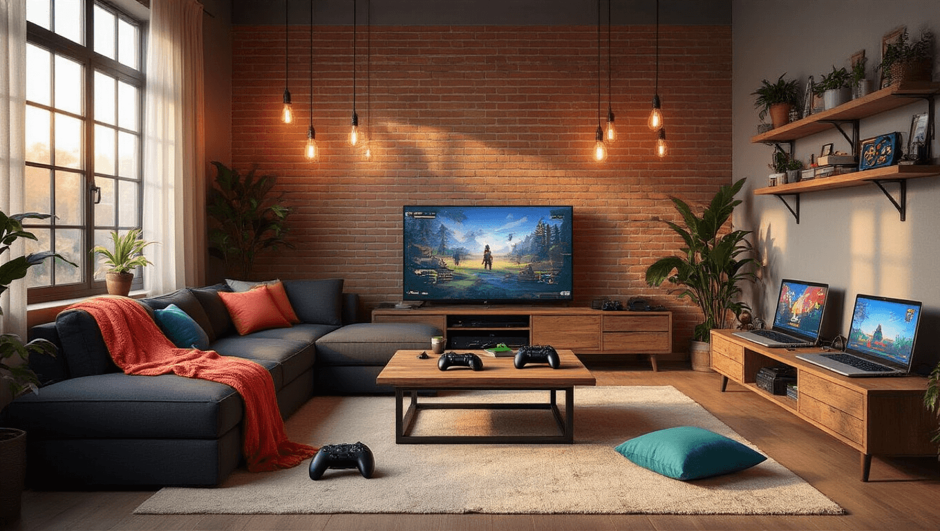Modern gaming den with friends, featuring a charcoal sectional sofa, large OLED display, gaming controllers, ambient Edison bulb lighting, and a cozy atmosphere enhanced by warm golden hour light.